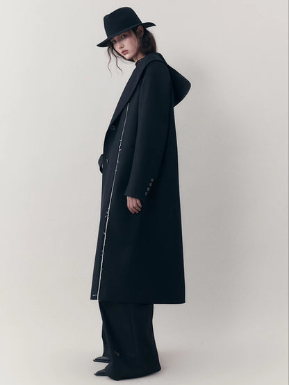 Hoodie Bi-Color Nichi Line Wool Long-Coat