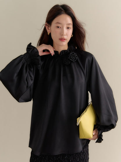 Balloon-Sleeve Rose Feminine Elegant Plain Blouse