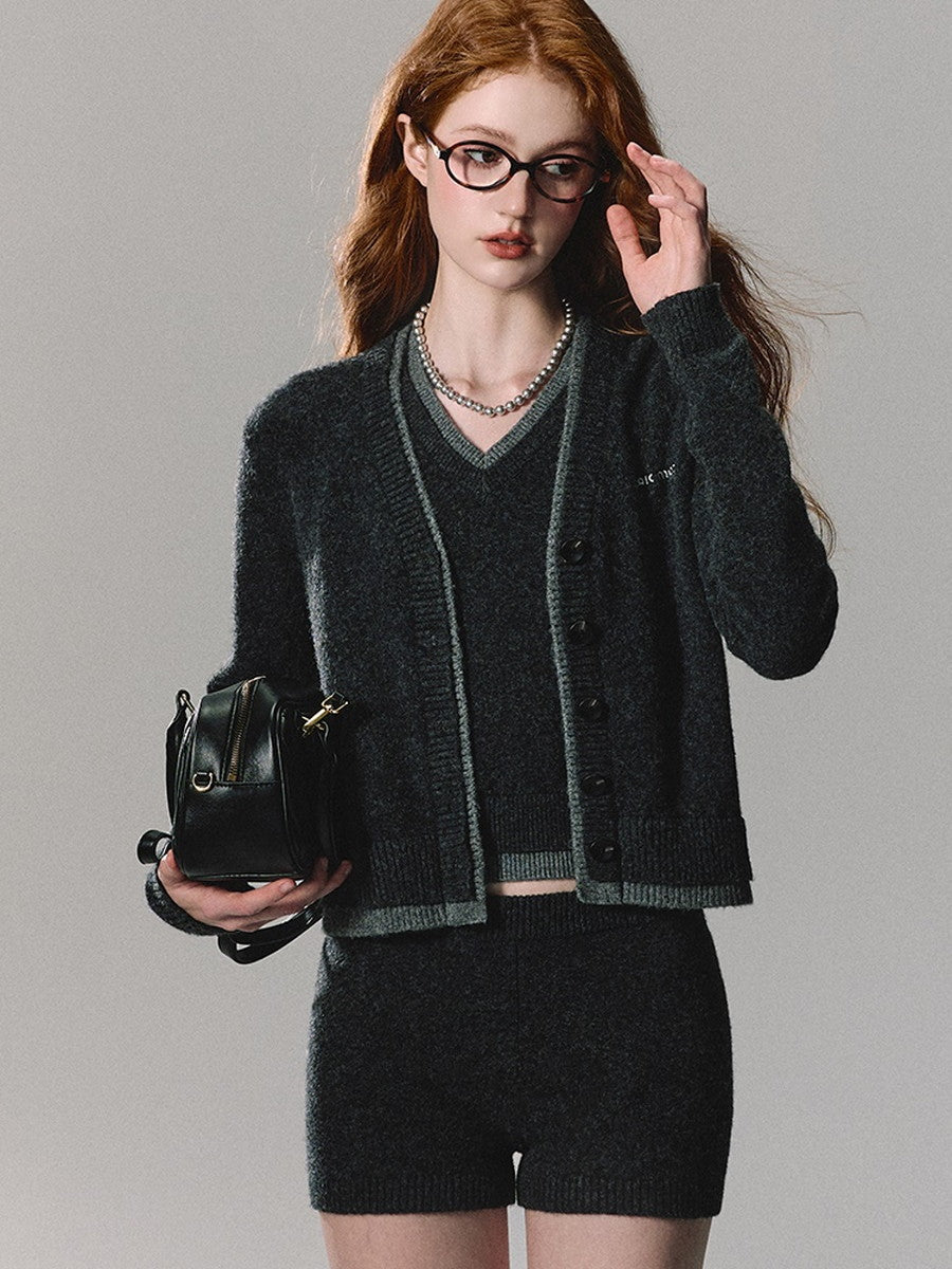 Set-Up Knit Dark Chic Simple Jacket＆Vest＆Short-Pants