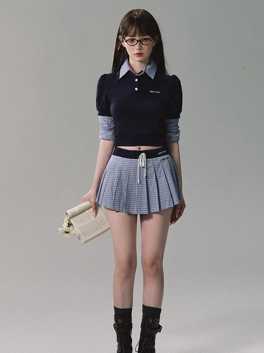 Set-Up Casual College Checked Blouse＆Mini-Skirt