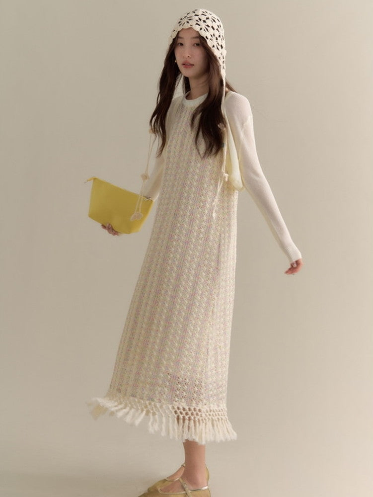 Crochet Knit Tassel American-Sleeve Sequins Long Dress