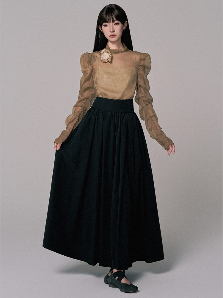 High-Waist Plain Flare Simple Long-Skirt