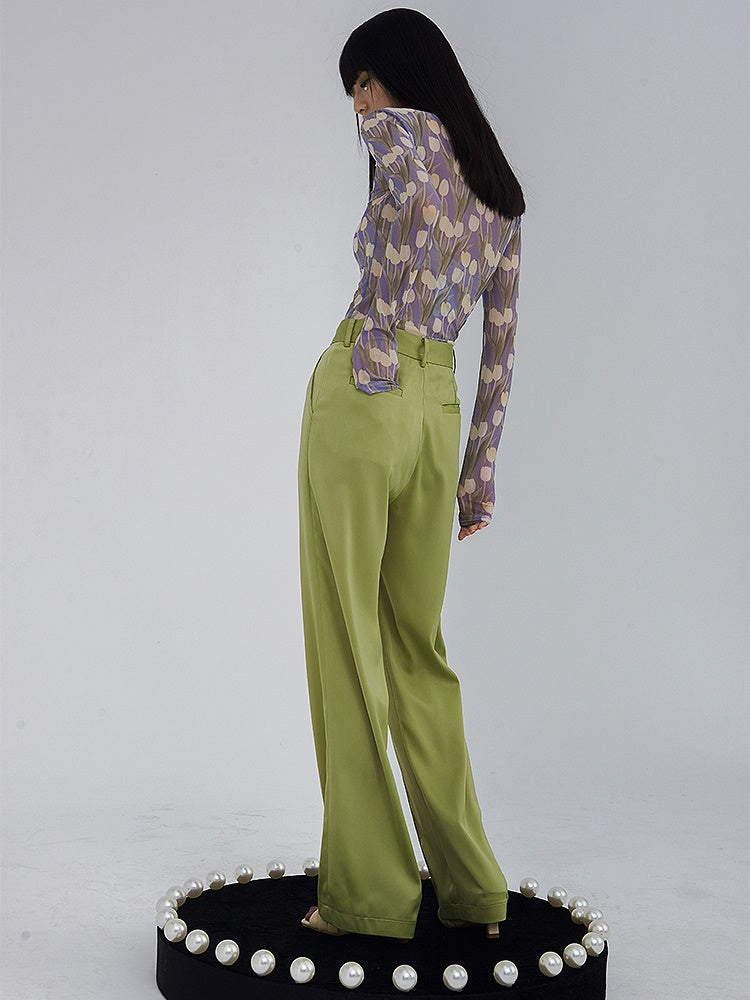 Straight Slacks Loose High-Waist Color-Pants