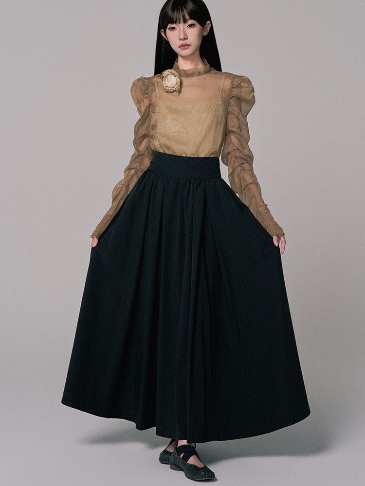 High-Waist Plain Flare Simple Long-Skirt