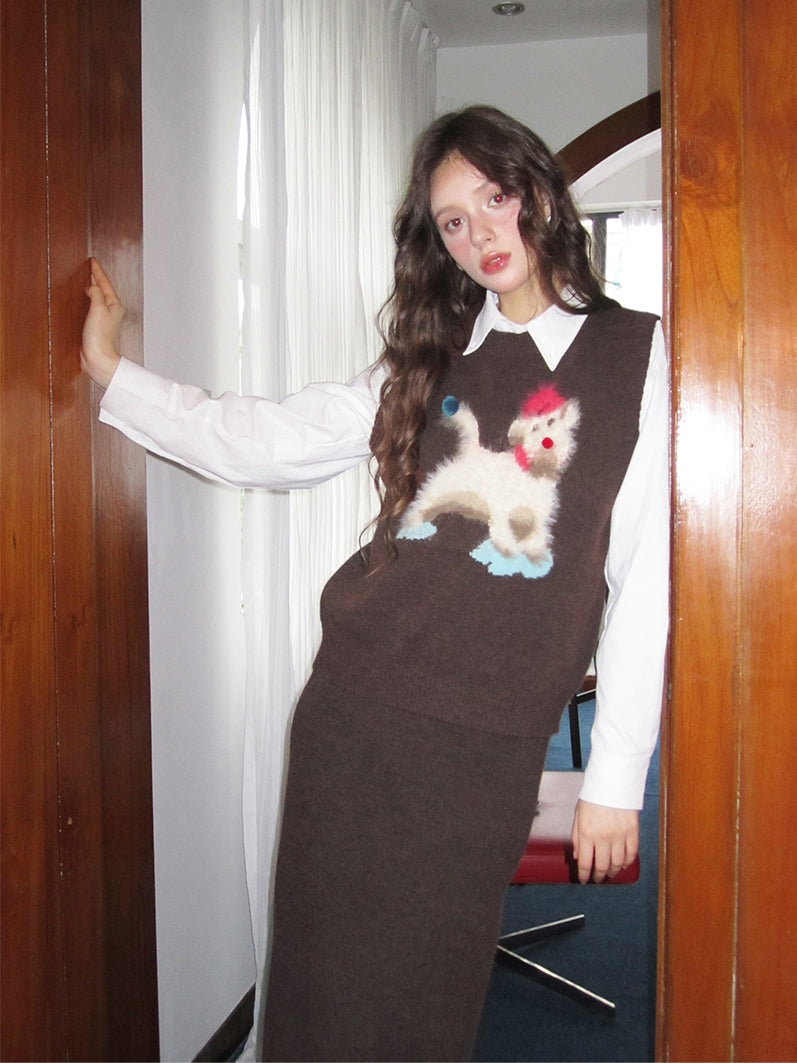 Vest＆Long-Skirt Dog Tulip Flower Retro Mohair-Knit Girly Set-Up