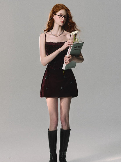 Velvet Short Shape Slim Pleats Dress