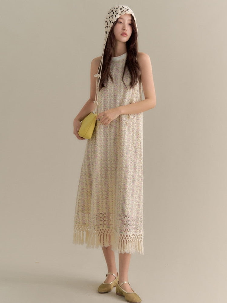 Crochet Knit Tassel American-Sleeve Sequins Long Dress