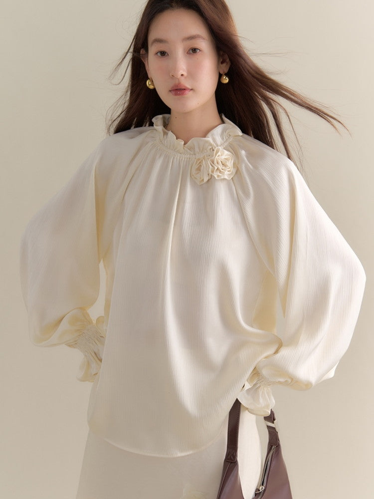 Balloon-Sleeve Rose Feminine Elegant Plain Blouse