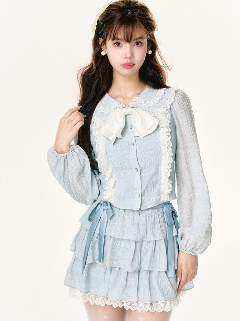 Frill Set-Up Girly Wrinkled Lace Ribbon Cute Blouse＆Mini-Skirt