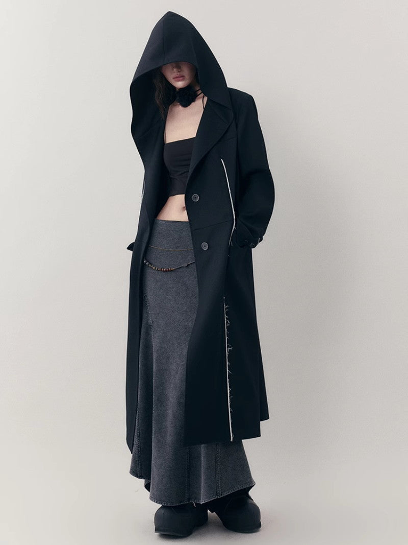 Hoodie Bi-Color Nichi Line Wool Long-Coat