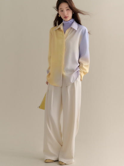 Set-Up Gradation Pale-Tone Retro Satin Cnihi Shirt＆Long-Skirt