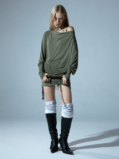 Long-Cuff Drawstring Drape Balloon-Sleeve Nichi Tops