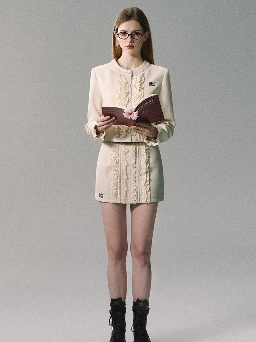 Set-Up Suit Lace Frill Feminine No-Collar-Jacket＆Mini-Skirt