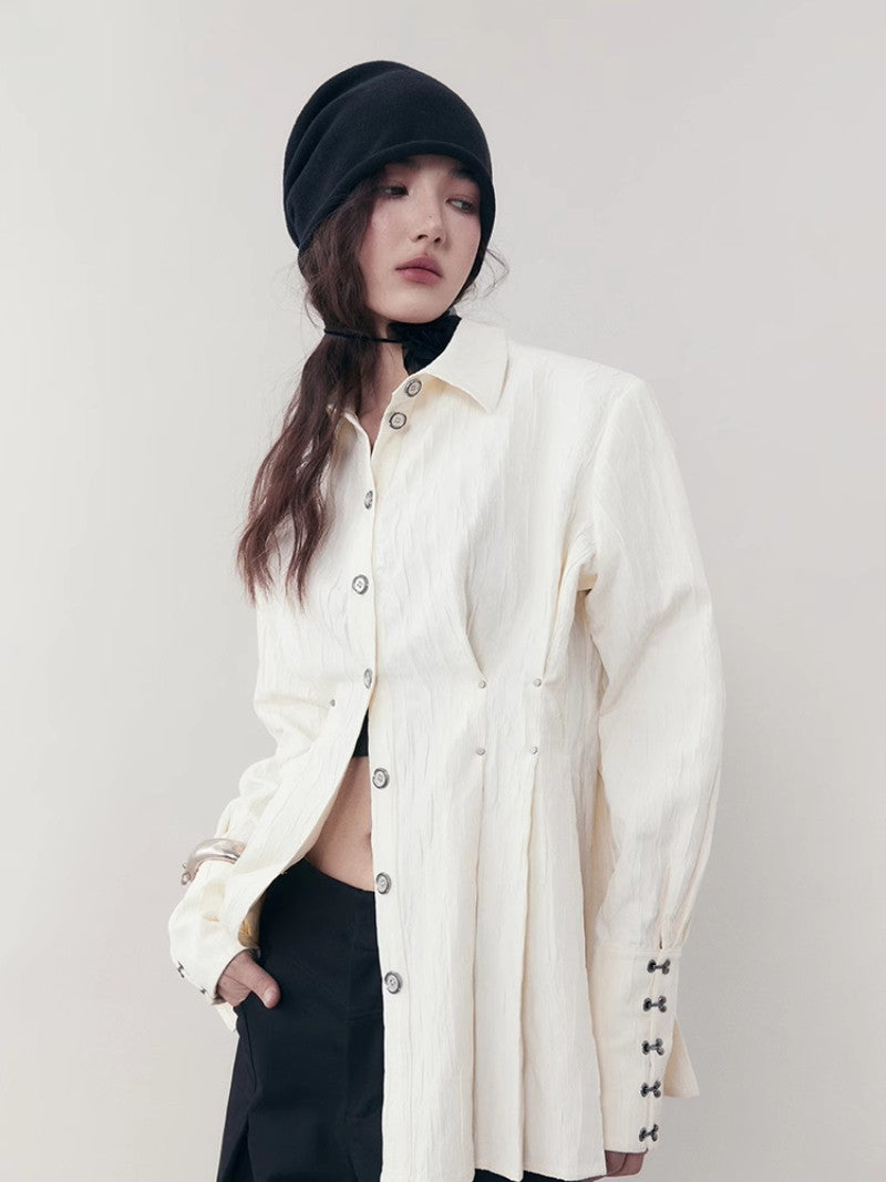 Curve Wrinkled Long-Cuffs Oversize Long-Shirt