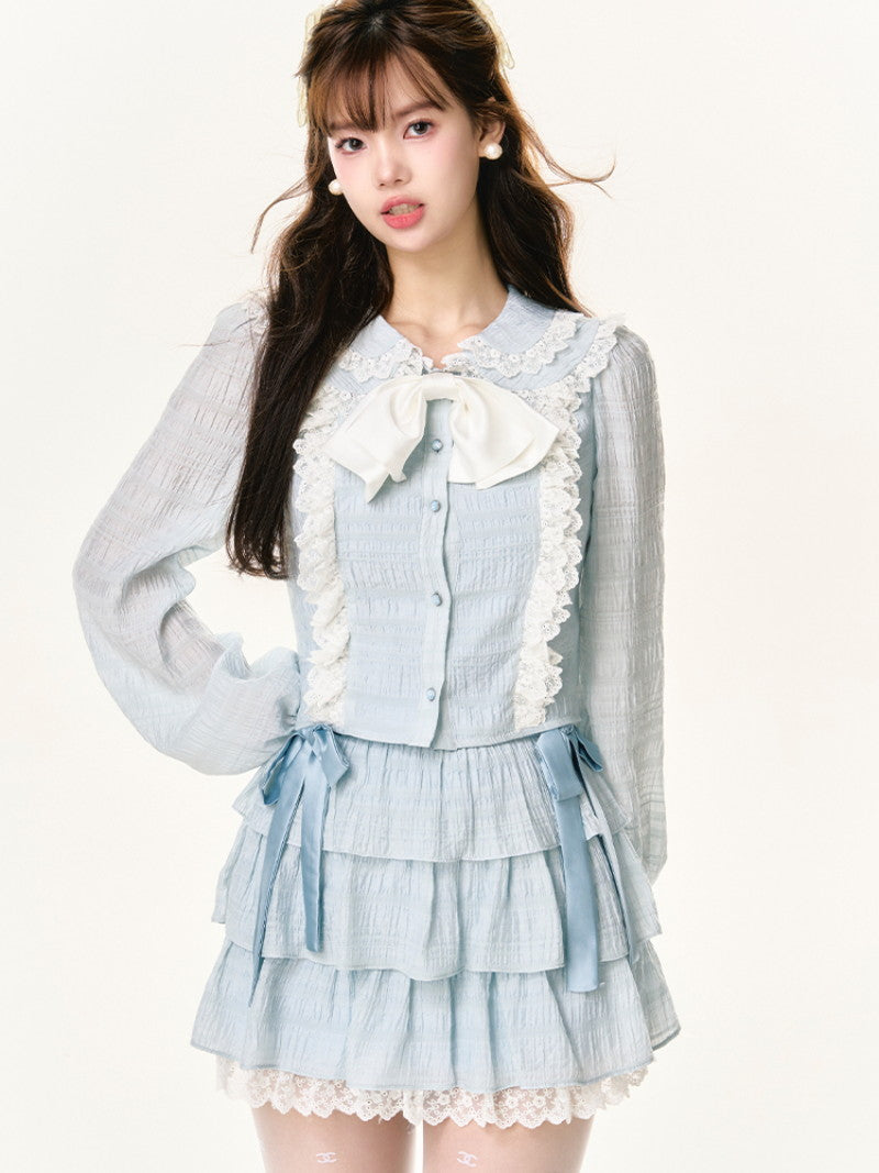 Frill Set-Up Girly Wrinkled Lace Ribbon Cute Blouse＆Mini-Skirt