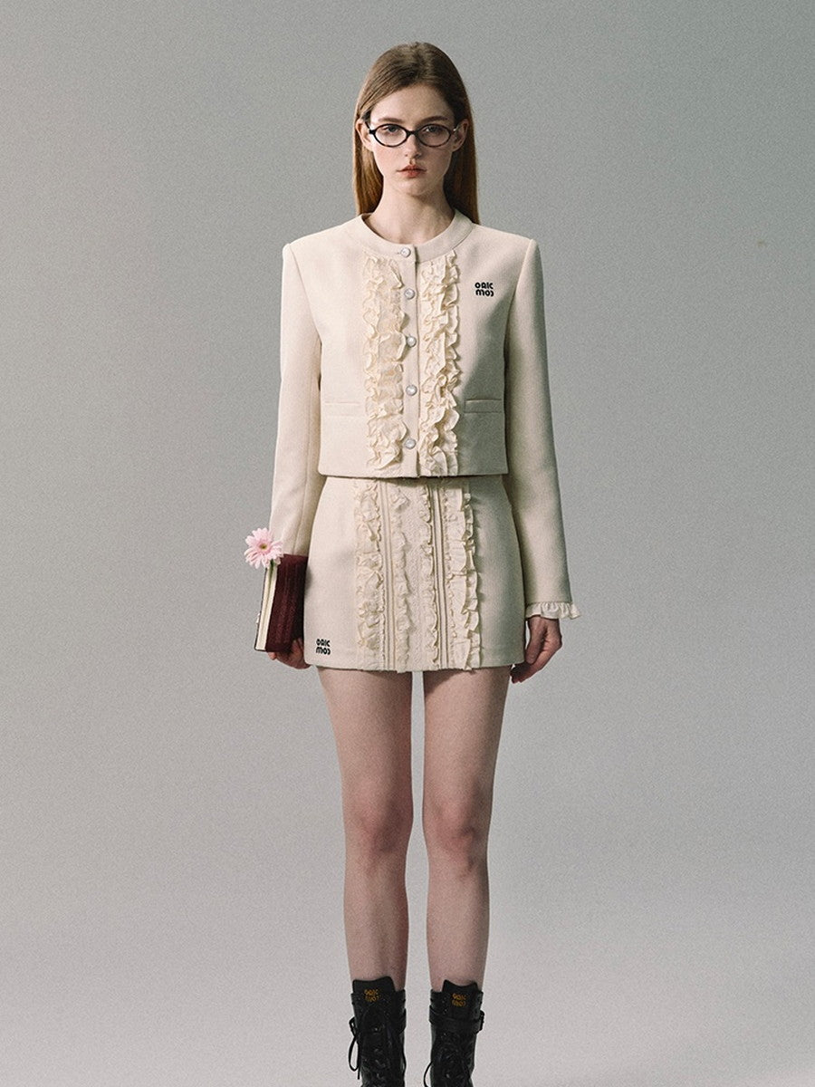 Set-Up Suit Lace Frill Feminine No-Collar-Jacket＆Mini-Skirt