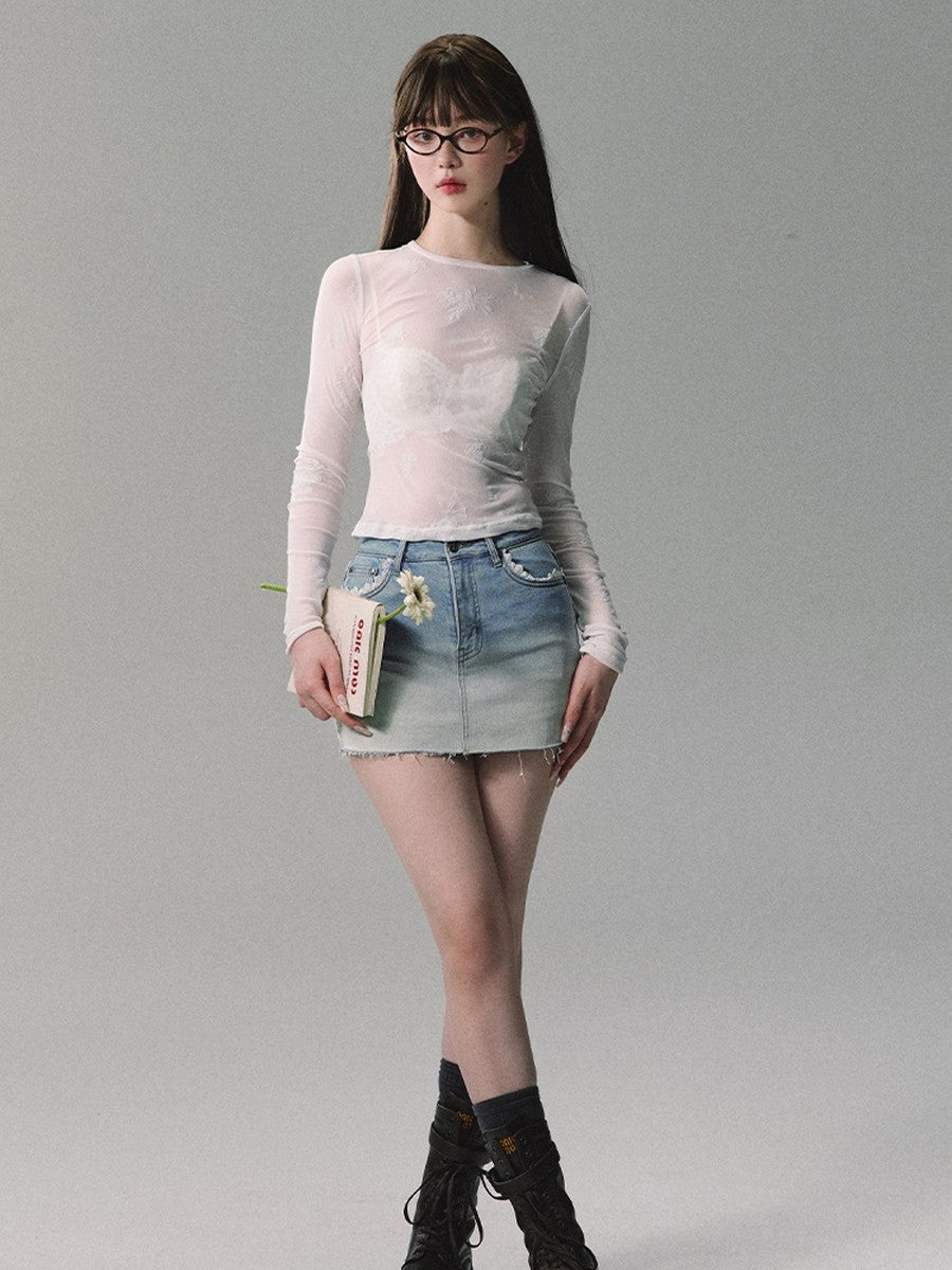 Denim Gradation Cut-Off Lace Mini-Skirt