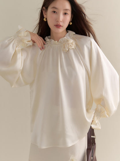 Balloon-Sleeve Rose Feminine Elegant Plain Blouse