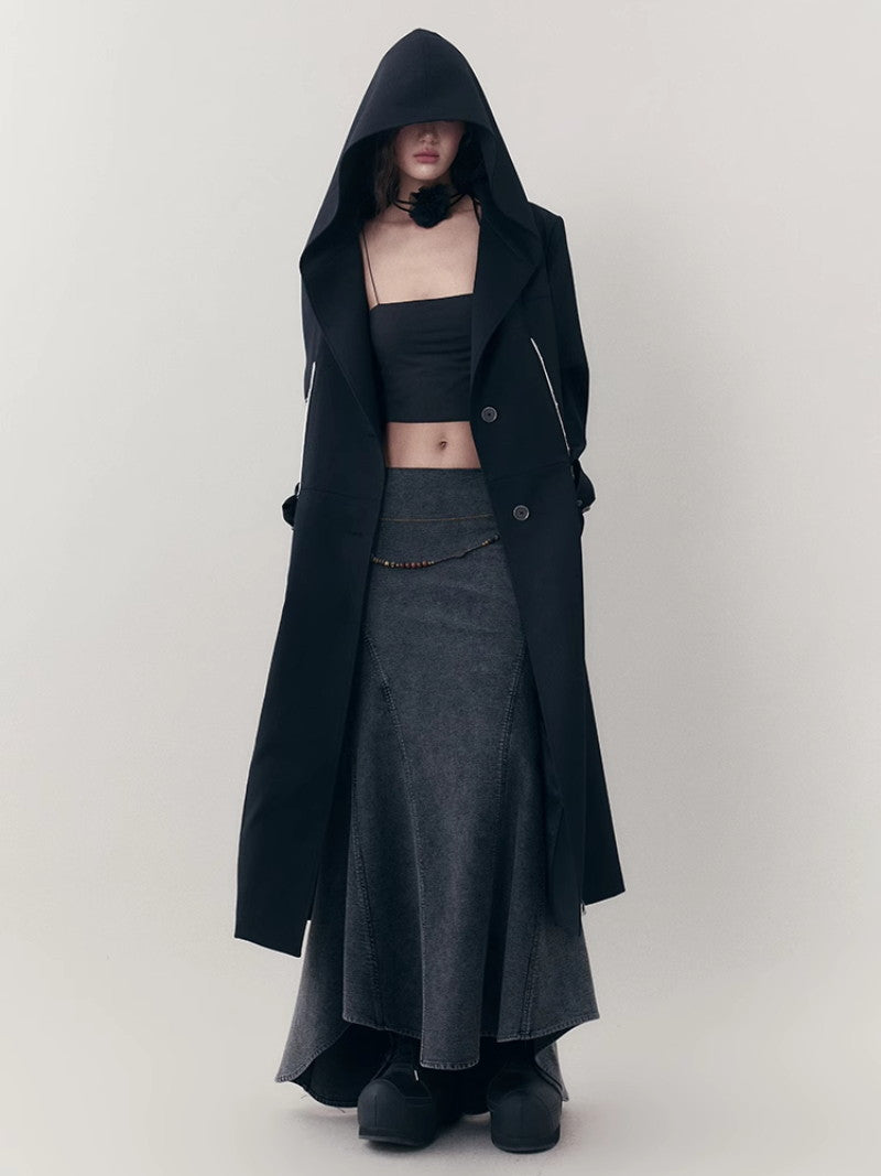 Hoodie Bi-Color Nichi Line Wool Long-Coat