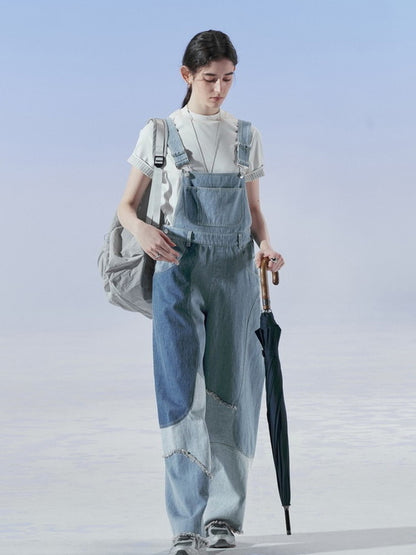 Denim Patchwork Unique Casual Layered Pants Overall