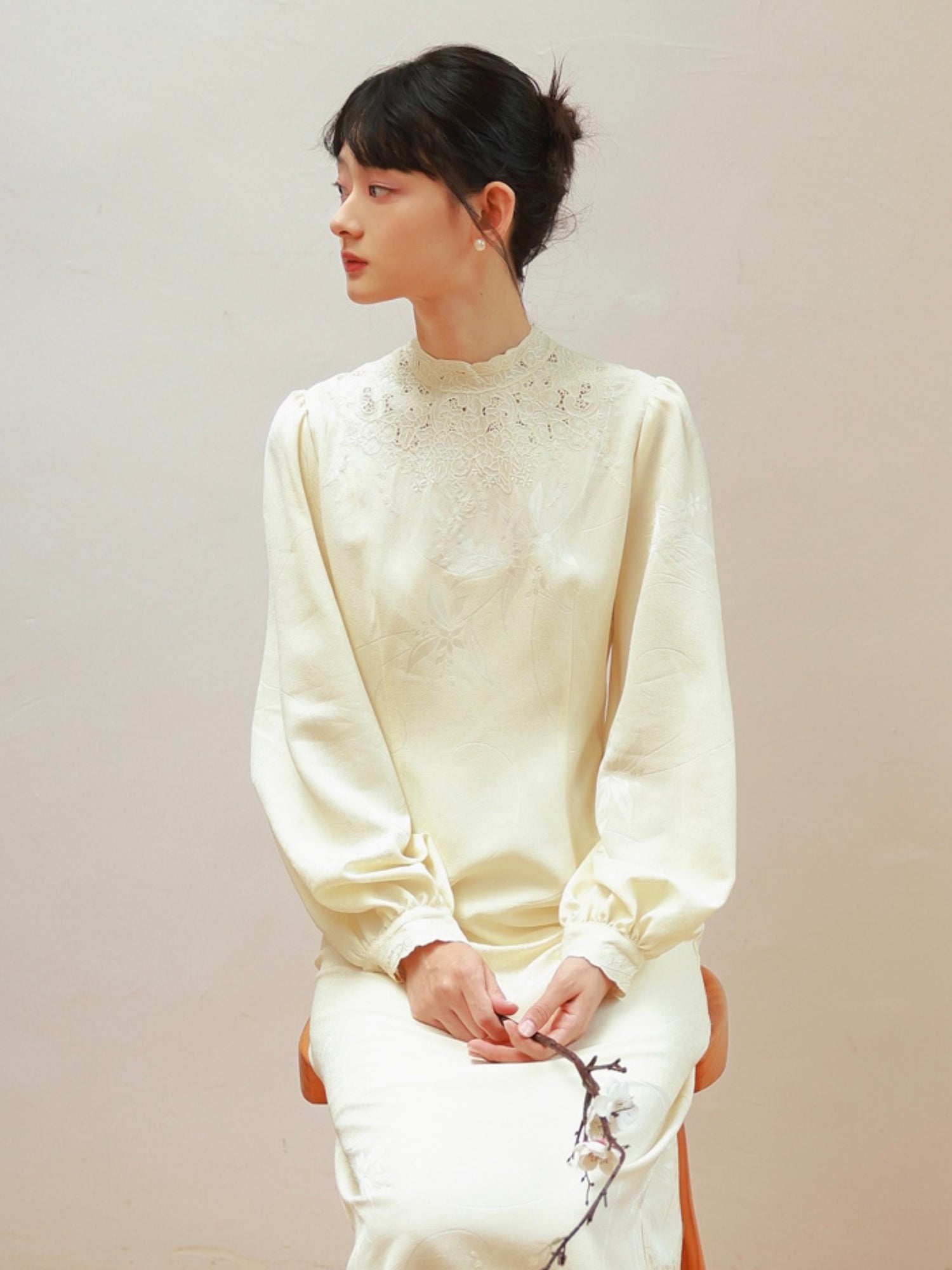 Embroidery China Mao-Collar Balloon-Sleeve Formal One-Piece