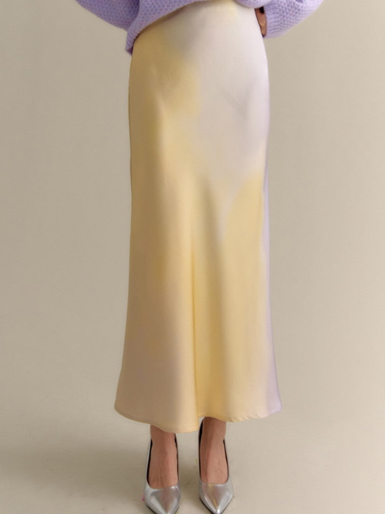 Set-Up Gradation Pale-Tone Retro Satin Cnihi Shirt＆Long-Skirt