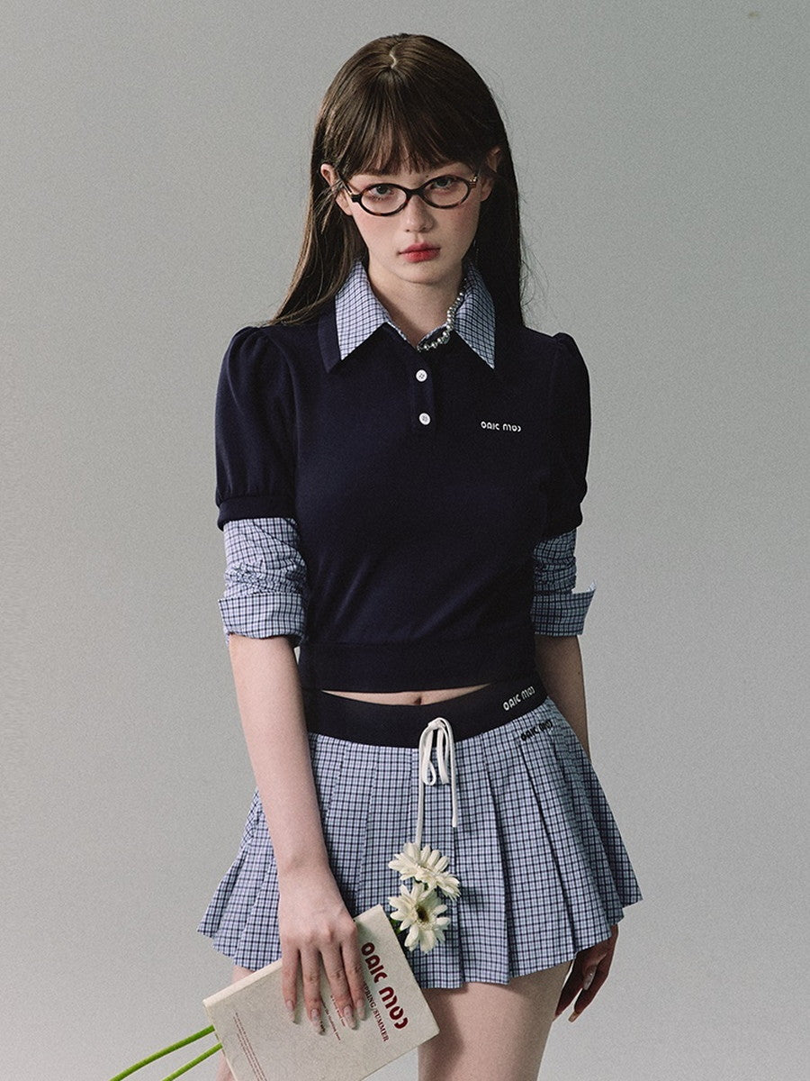 Set-Up Casual College Checked Blouse＆Mini-Skirt