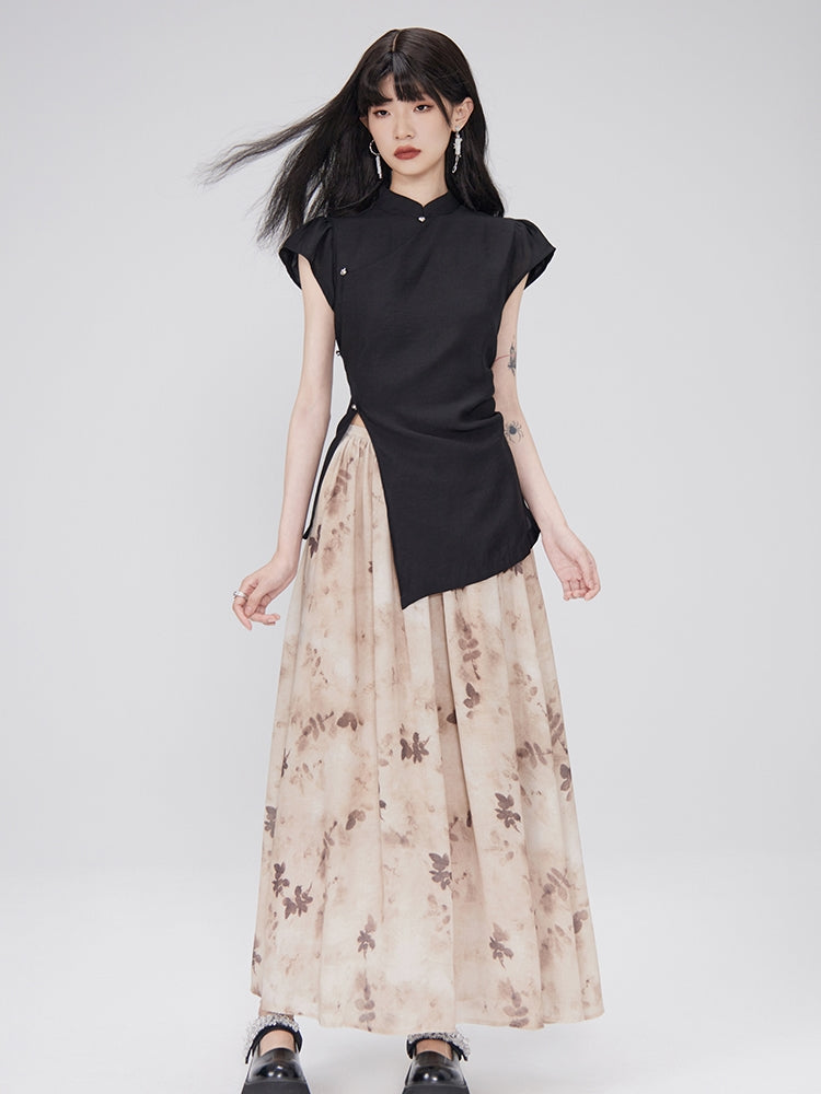 Asymmetry Flower Water-Color Retro Tops &amp; Skirts