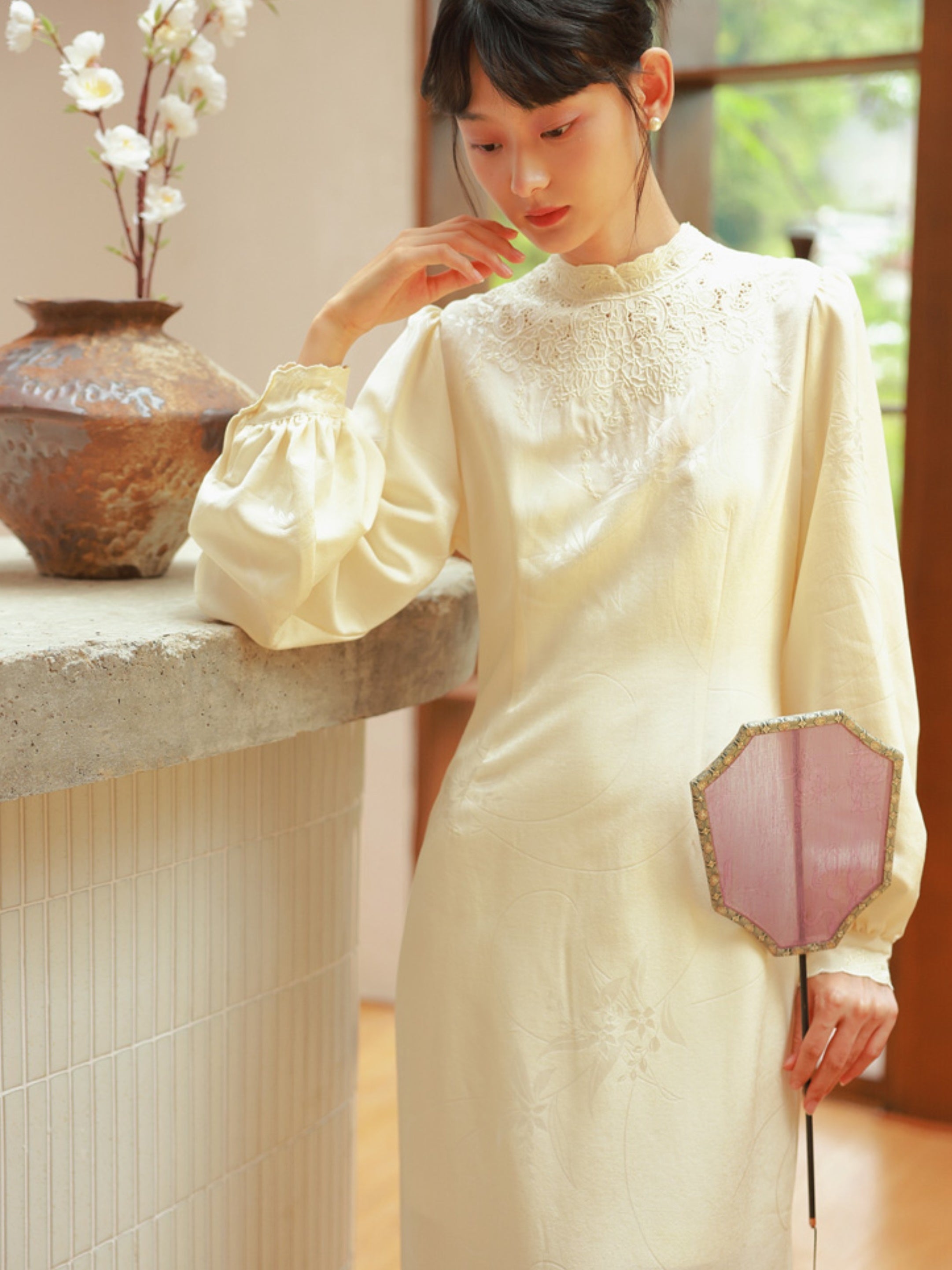 Embroidery China Mao-Collar Balloon-Sleeve Formal One-Piece