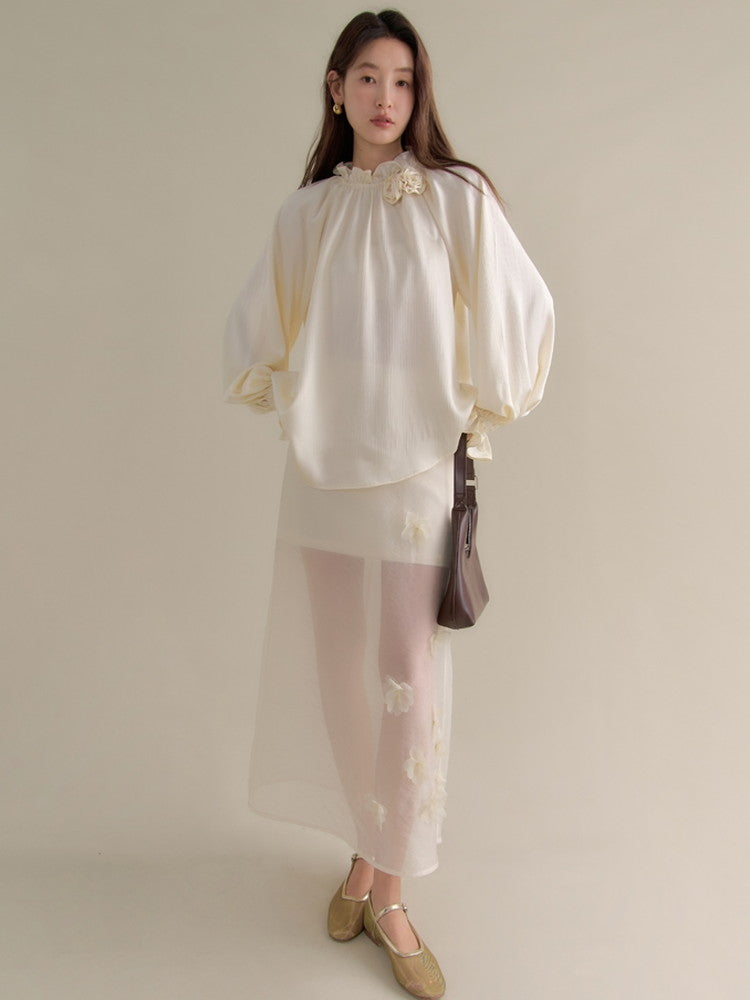 Balloon-Sleeve Rose Feminine Elegant Plain Blouse