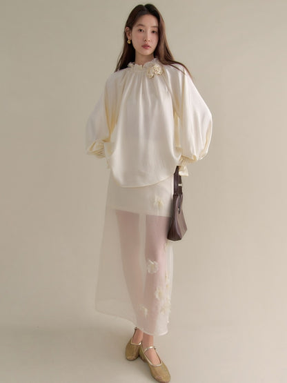 Balloon-Sleeve Rose Feminine Elegant Plain Blouse