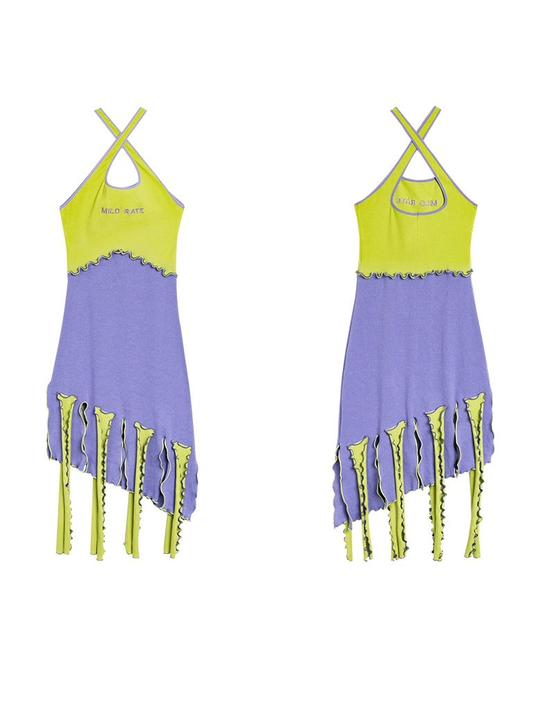 Knit Halter-Neck Ruffle Nichi Unique Bi-Color One-Piece