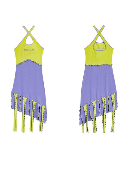 Knit Halter-Neck Ruffle Nichi Unique Bi-Color One-Piece