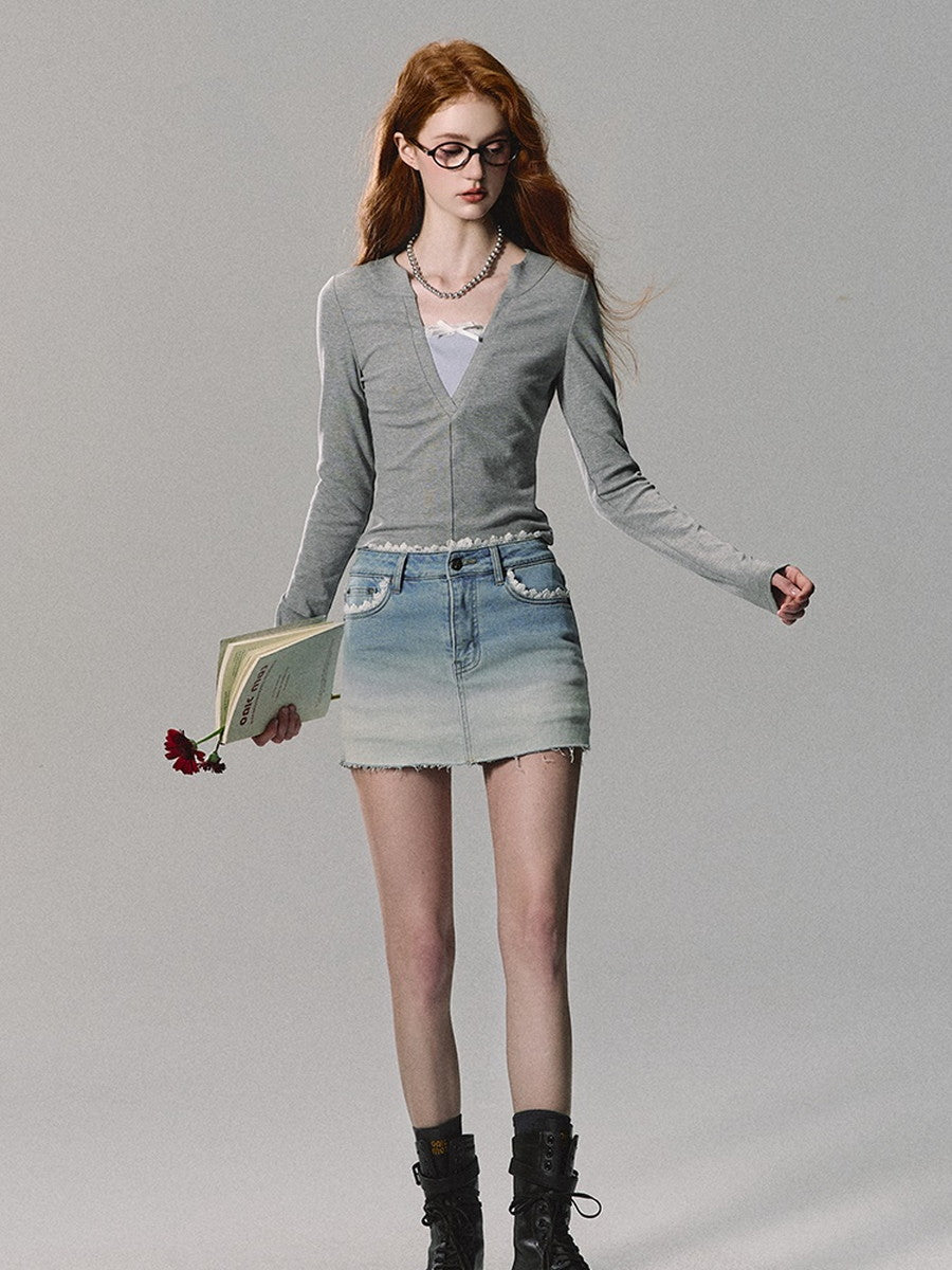 Denim Gradation Cut-Off Lace Mini-Skirt