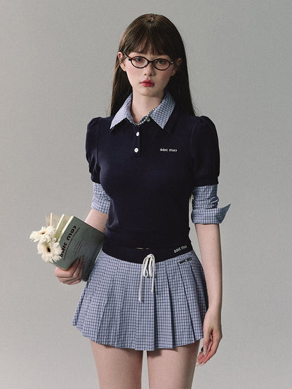 Set-Up Casual College Checked Blouse＆Mini-Skirt