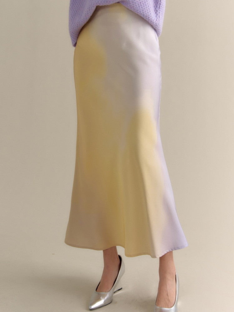 Set-Up Gradation Pale-Tone Retro Satin Cnihi Shirt＆Long-Skirt