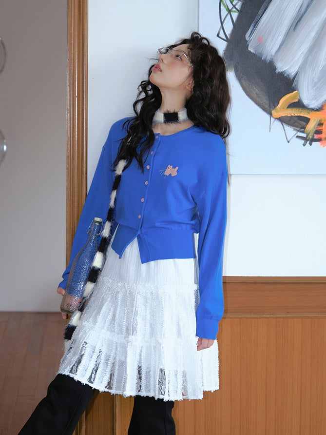 Knit One-Point Embroidery Crew-Neck Simple Cardigan