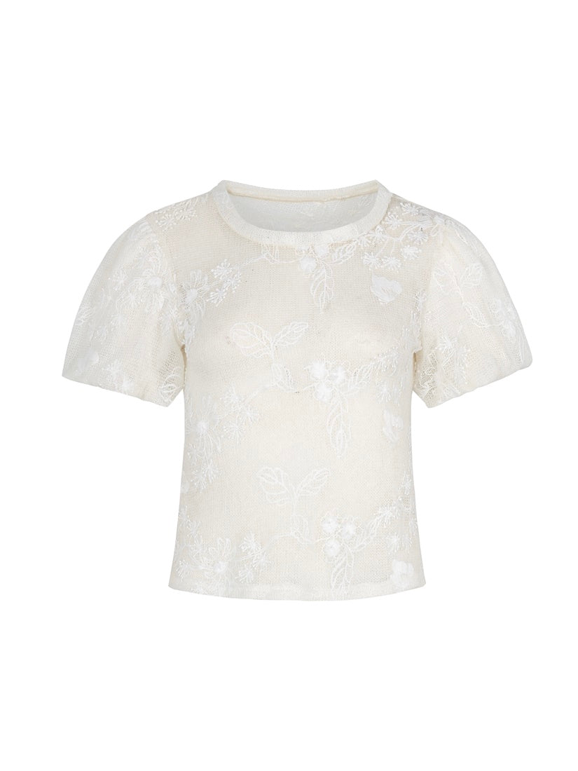 Puff-sleeve Mesh Sheer Flower Tops