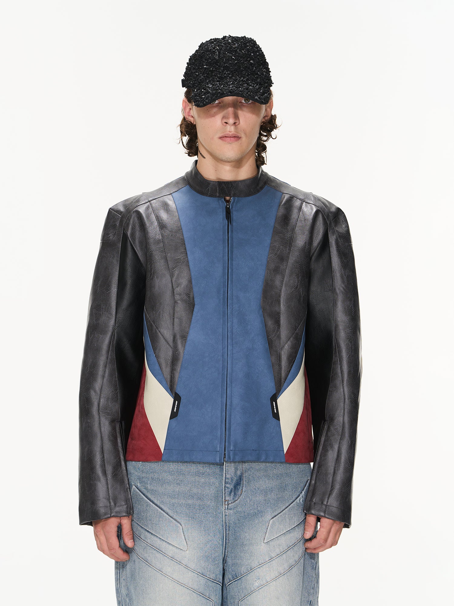 Slim Leather Multi-Color No-Collar Jacket