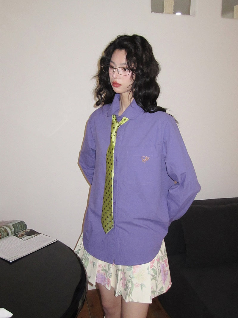 Oversize Butterfly-Embroidery College Casual Color-Shirt