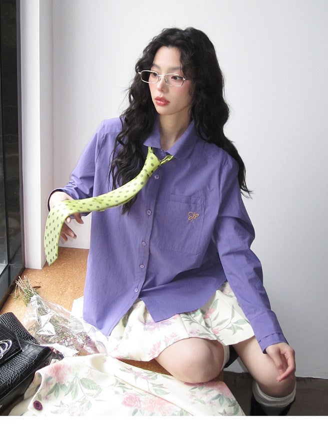 Oversize Butterfly-Embroidery College Casual Color-Shirt