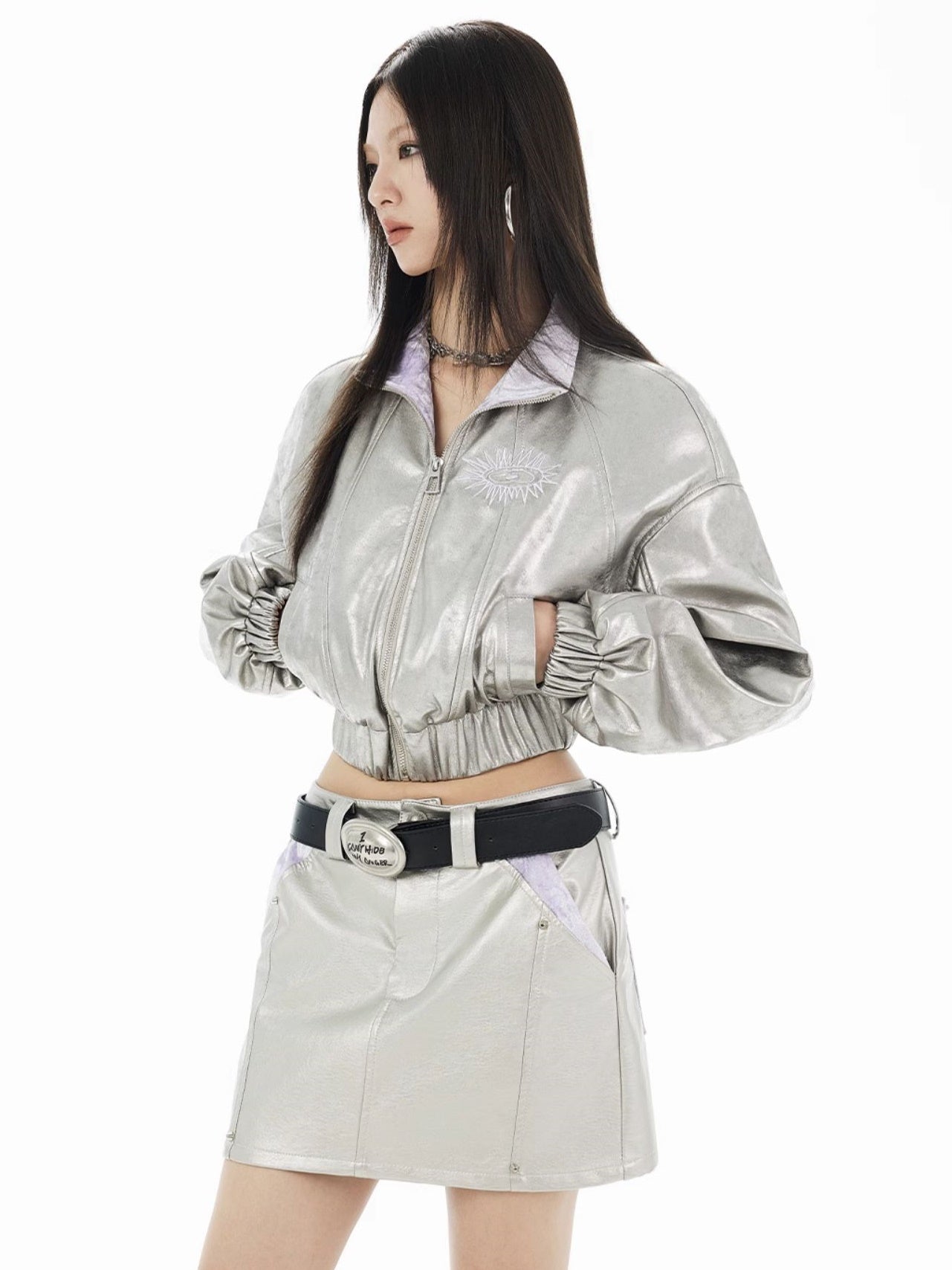 Metallic Glossy Stand-Collar Sporty Casual Conspicuous Jacket