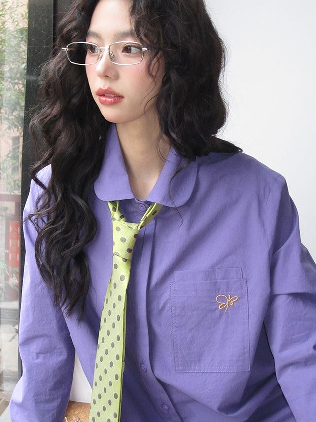 Oversize Butterfly-Embroidery College Casual Color-Shirt