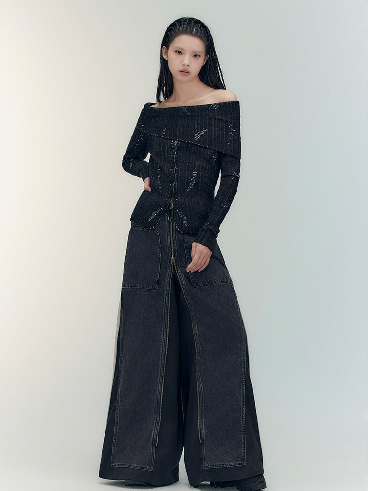 Off-Shoulder Denim Casual Dark Strick &amp; Denim-Rebstrock