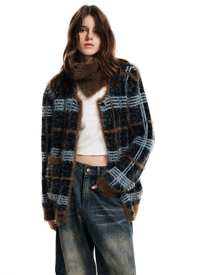 Checked Fluffily Knit Retro Round-Neck Casual Loose Cardigan