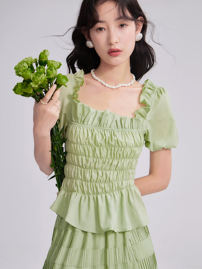 Gather Frill Puff-Sleeve Peplum Chic Blouse&amp;Long-Skirt