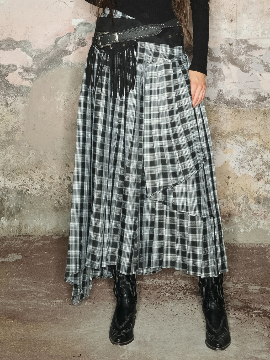 Tiered Asymmetry Checked Girly Nichi Long-Skirt