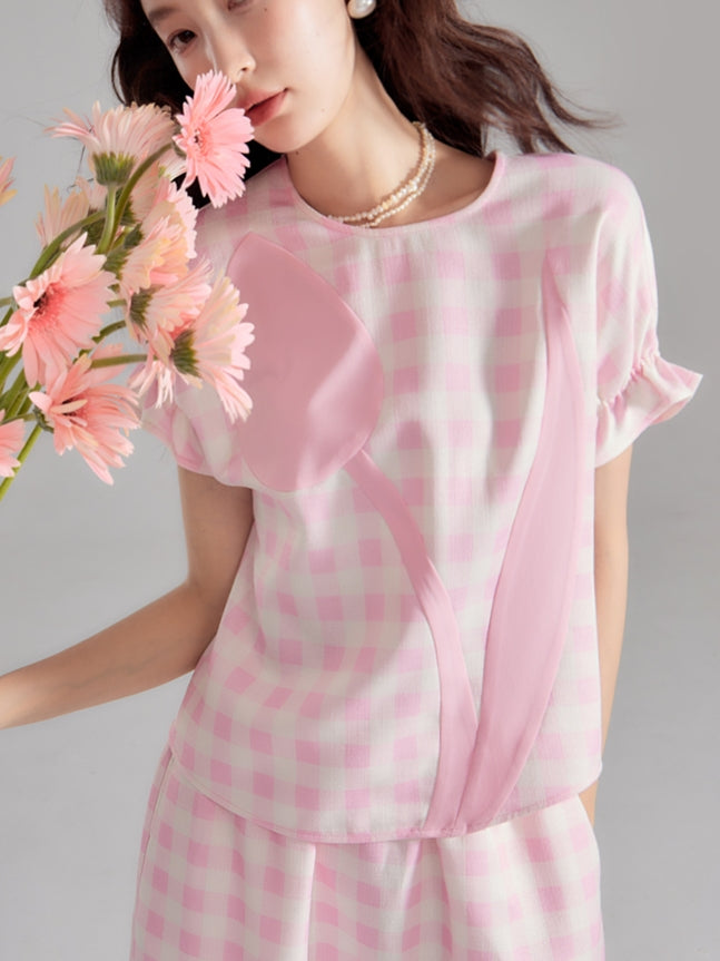 Checked Tulip Girly Candy-Sleeve Blouse &amp; Long-Skirt