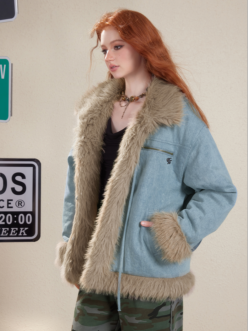 Fur Denim übergroße High-End-Casualjacke übergroß