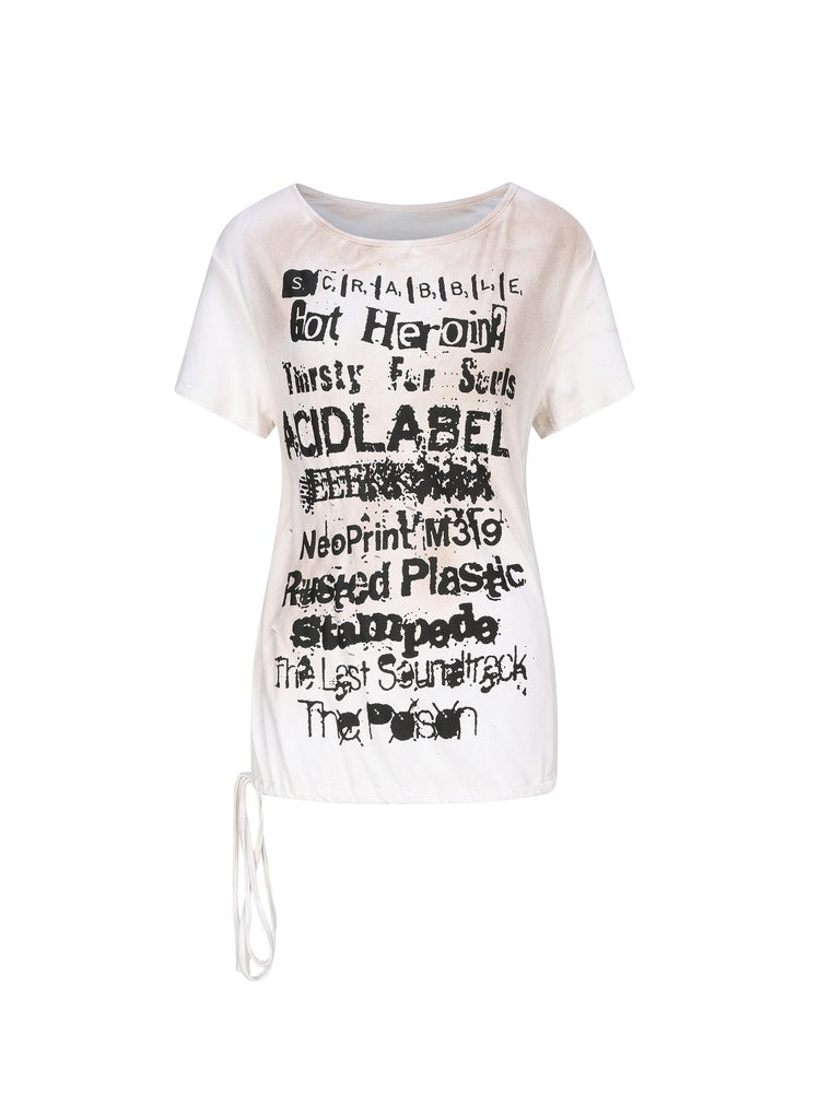 Drawstring Letter Washed Dirty T-Shirt